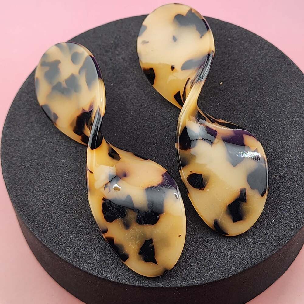 Tortoise Print Twisted Drop Earrings Amber Brown Black Large Statement Posts